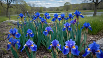 Wall Mural - blooming blue irises in a protected landscape area with lush greenery and tranquil water in backgrou
