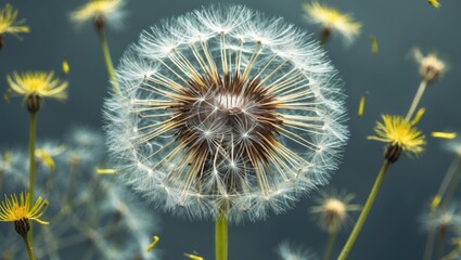 Wall Mural - dandelion seeds blowing in the wind surrounded by blooming yellow flowers in a serene nature setting