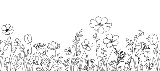 Wall Mural - spring and summer flower pattern seamless background vector. hand drawn botanical floral line art, d