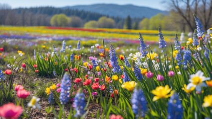 Wall Mural - vibrant spring landscape featuring a variety of colorful flowers blooming in a wild field with mount