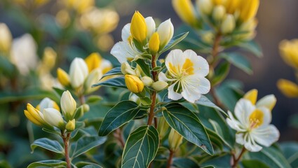 Wall Mural - bidens pilosa plant close-up featuring vibrant green leaves and yellow-white blossoms typically seen
