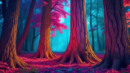 Wall Mural - mystical forest scene featuring vibrant tree trunks surrounded by colorful foliage and ethereal ligh