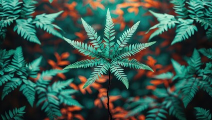 Wall Mural - vibrant fern leaves in focus against a blurred background of lush green and orange foliage creating 