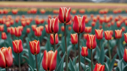 Wall Mural - vibrant red tulips in bloom with lush green leaves and ample copy space for text in a beautiful flor