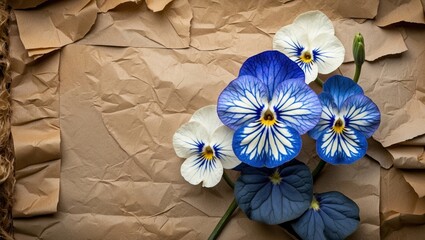 Wall Mural - textured vintage paper background featuring delicate white and blue african violets with artistic pr