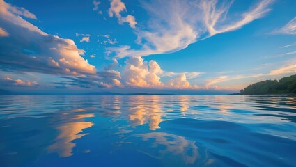 Wall Mural - tranquil sunrise over serene water reflecting vibrant clouds and blue sky