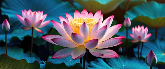 Wall Mural - elegant lotus flowers in soft pastel hues surrounded by lush green leaves creating a serene backgrou