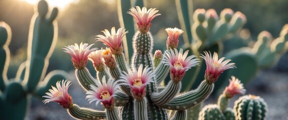 Sticker - Cactus flowers blooming in the morning sunlight with a blurred background and empty space for text showcasing nature's beauty.