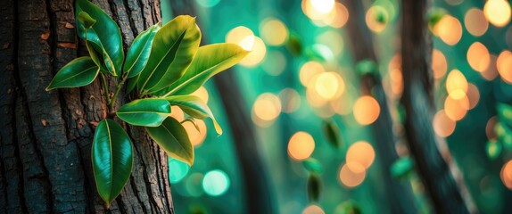Wall Mural - rubber tree leaves on a textured trunk with a vibrant bokeh background creating a serene and enchant