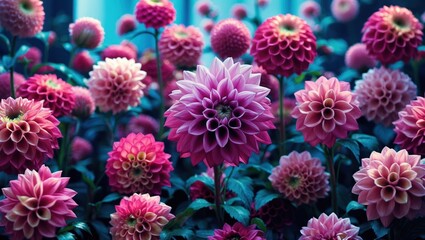 Wall Mural - vibrant dahlia flowers in various shades of pink showcasing natural beauty and floral diversity in a