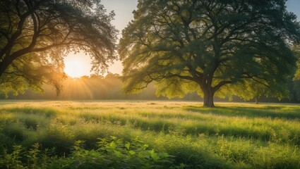 Wall Mural - idyllic sunlit grove and meadow landscape with vibrant green grass and majestic trees during a seren