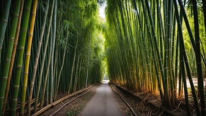 Wall Mural - serene pathway through a lush bamboo forest surrounded by towering green bamboo stalks and soft natu