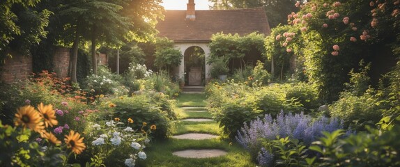 Canvas Print - Serene Summer Garden Pathway with Vibrant Flowers and Cottage Surrounded by Lush Greenery Ideal for Text Overlay