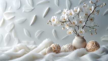Wall Mural - delicate white flowers in a soft textured setting with decorative elements creating a serene and min