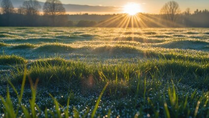 Wall Mural - dew-kissed grass glimmers under the radiant rays of a setting sun in a tranquil natural landscape.