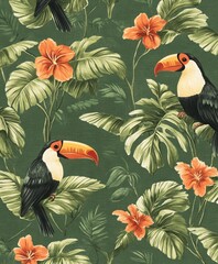 A lovely, uninterrupted tropical floral pattern showcasing hand-painted watercolor exotic jungle palm trees and animals like a toucan, monkey, and paradise bird. Stock illustration