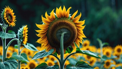 Wall Mural - vibrant sunflower field captured from the rear with abundant greenery and space for text overlay
