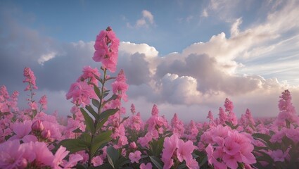 Wall Mural - pink flowers blooming in a serene landscape under cloudy skies with space for text or message. perfe