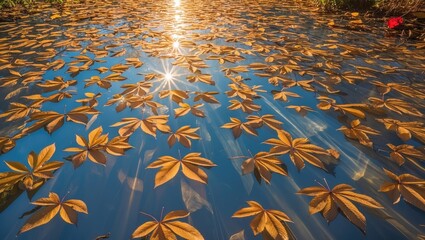 Wall Mural - golden leaves floating on serene water with sunlight creating reflections and patterns in nature's t