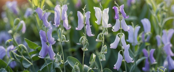 Wall Mural - colorful sweet pea flowers in summer garden with lush green foliage and ample copy space for text ov