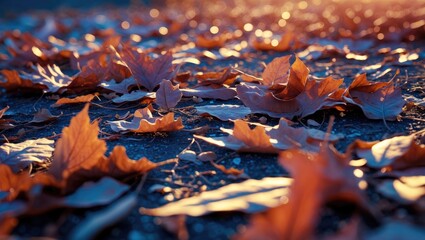 Wall Mural - autumn leaves casting intricate shadows on the ground illuminated by warm sunlight creating a tranqu