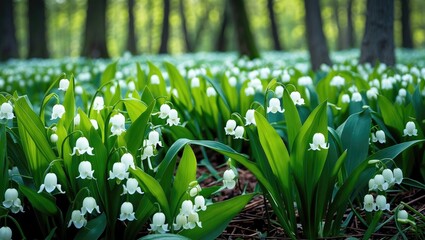 Wall Mural - a serene forest filled with blooming wild may lilies of the valley surrounded by lush green foliage 