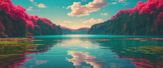 Wall Mural - tranquil lake scene with vibrant trees and picturesque clouds reflecting on smooth water surface dur
