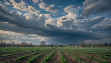 Wall Mural - dramatic spring sky over green fields with dark clouds and uneven terrain in bright natural light