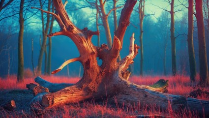 Wall Mural - majestic dead tree trunk surrounded by vibrant grass and misty forest ambiance at dawn creating a se
