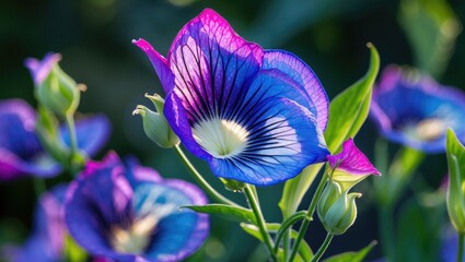 Wall Mural - vibrant butterfly pea flower in full bloom showcasing striking blue and purple hues against a lush g