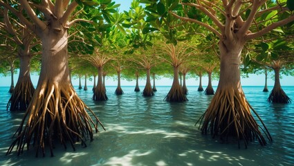 Wall Mural - lush mangrove trees in serene water with clear blue sky and ample space for text or branding in a na