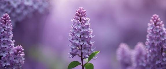 Wall Mural - lilac flowers in soft purple background with blurred inflorescence and space for text ideal for flor