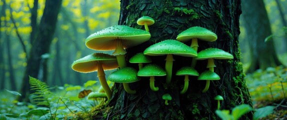 Sticker - Vibrant green mushrooms growing on a tree trunk in a serene forest environment showcasing nature's beauty and biodiversity.