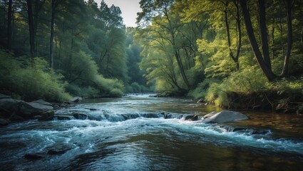 Wall Mural - serene forest river with gentle flow surrounded by lush greenery and vibrant trees in a tranquil nat