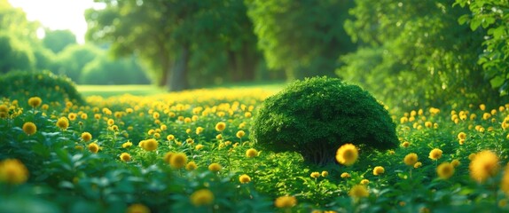 Wall Mural - vibrant summer landscape with lush green foliage and blooming yellow flowers under bright sunlight i