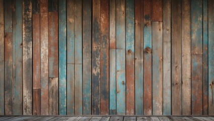 Sticker - Retro vintage grunge wooden wall with colorful weathered planks illuminated by natural light creating a rustic atmosphere.