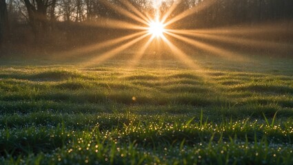 Wall Mural - sunlight radiates through dew-covered grass at sunset creating a serene and tranquil natural landsca