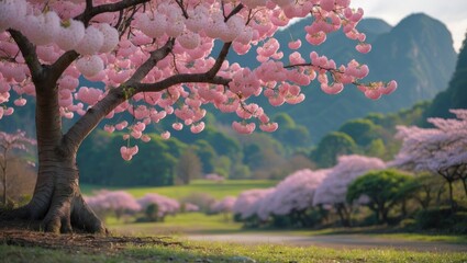 Wall Mural - serene thai sakura tree blossoming in lush green nature landscape with mountains in background durin