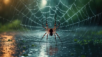 Sticker - A close-up of a spider web adorned with raindrops under soft light showcasing nature's delicate beauty and intricate design.