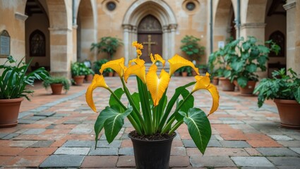 Canvas Print - Vibrant Golden Canna Plant Displayed in Serene Church Courtyard with Lush Greenery and Charming Architectural Elements