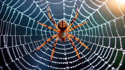 Close-up of a vibrant spider with an intricate web adorned with glistening dew drops glinting in soft morning light