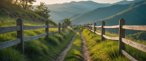 Wall Mural - serene grassy pathway between wooden fences surrounded by lush greenery and blue mountains in gentle