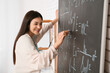 © Pixel-Shot - Female inventor writing mathematical formulas on chalkboard in workshop