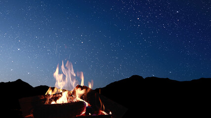 Wall Mural - a bonfire burns at night against the background of mountains and sea with bright stars...