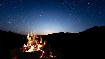 Wall Mural - a bonfire burns at night against the background of mountains and sea with bright stars...