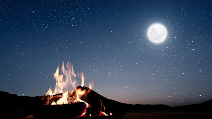 Wall Mural - a bonfire burns at night against the background of mountains and sea with bright stars...