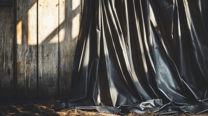 Wall Mural - Dark Fabric Draped Against Rustic Wooden Wall in Soft Light