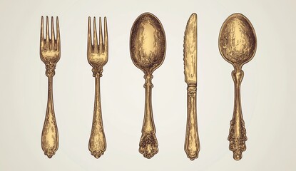 An isolated icon doodle sketch of a modern illustration showing a vintage fork, food spoon, and dinner knife, using silver restaurant ink cutlery