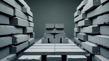 Stacks of gray concrete blocks arranged for construction in a minimalist setting with a gray background for industrial architecture themes