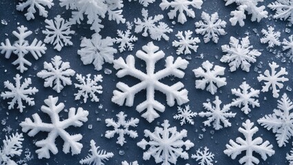 Sticker - Close-up of intricate snowflake patterns on a snowy surface showcasing beautiful textures and details of winter's unique designs.